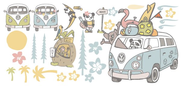 FUGU Textilní samolepky na zeď - Vw panda-van na cestách - střední série