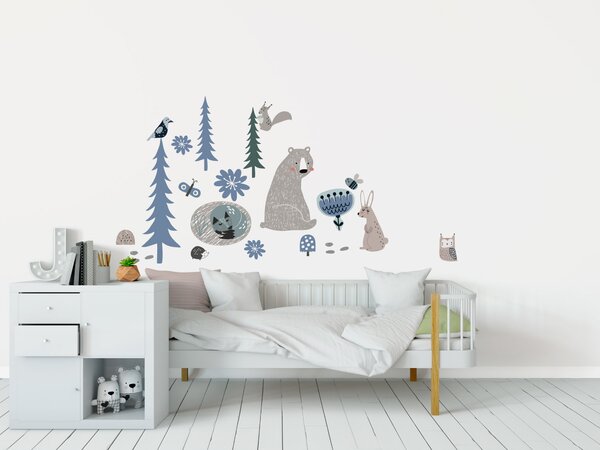 FUGU Mýtinka blue - les textilní samolepky na zeď Rozměr: S: (š x v) cca 100 x 60 cm medvěd: 22x33, liška 24x17, zajíček 12x24, velký smrk 14x50, veverka 12x11 a další