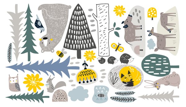FUGU Textilní samolepky Veselý les Yellow Rozměr: L: (š x v): zabere cca 250x100 viz.vizualizace, medvěd 24x36 + další