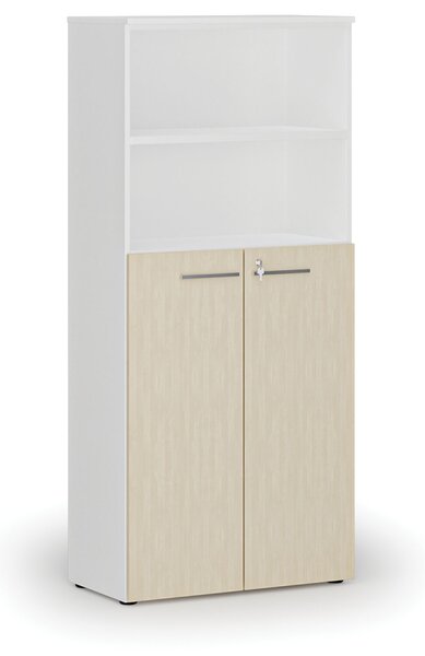 Kombinovaná kancelářská skříň PRIMO WHITE, dveře na 3 patra, 800 x 420 x 1781 mm, bílá/bříza