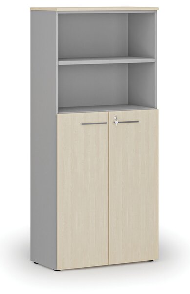 Kombinovaná kancelářská skříň PRIMO GRAY, dveře na 3 patra, 800 x 420 x 1781 mm, šedá/bříza