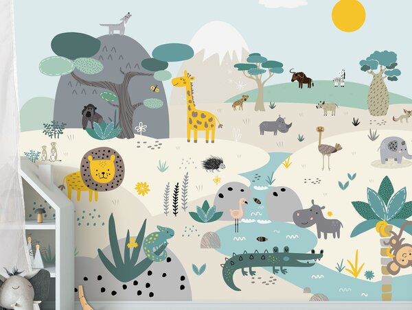 FUGU Tapeta pro děti scandi - Veselá Afrika Materiál: Digitální eko vlies - klasická tapeta nesamolepicí