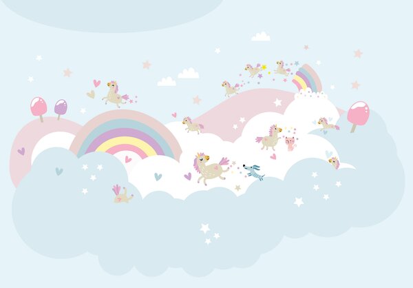 FUGU Duha a jednorožci blue - Rainbow-cloud samolepicí tapeta na zeď Materiál: Digitální eko vlies - klasická tapeta nesamolepicí