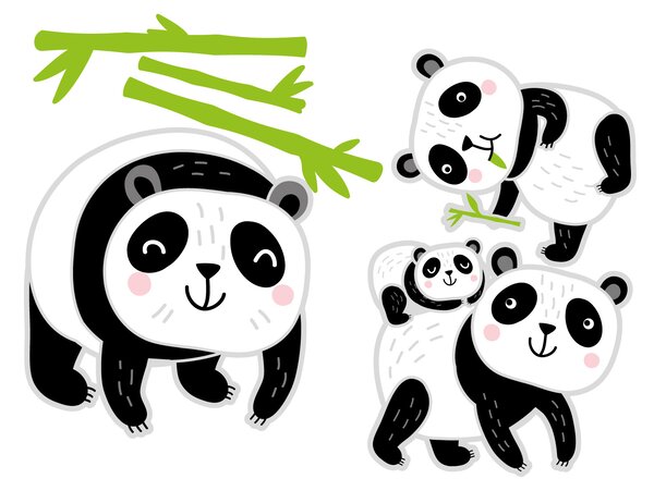 FUGU Pandí rodinka - přelepovací eko samolepky Rozměr: M: (š x v) Táta panda 41 x 44 cm, Máma panda se sourozencem 38 x 34 cm a malý pandík 28 x 34 cm