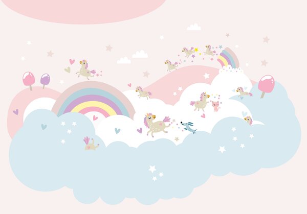 FUGU Duha a jednorožci pink - Rainbow-cloud samolepicí tapeta na zeď Materiál: Digitální eko vlies - klasická tapeta nesamolepicí