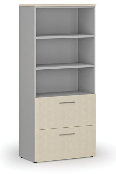 Skříň se zásuvkami pro závěsné složky PRIMO GRAY, 800 x 420 x 1781 mm, šedá/bříza