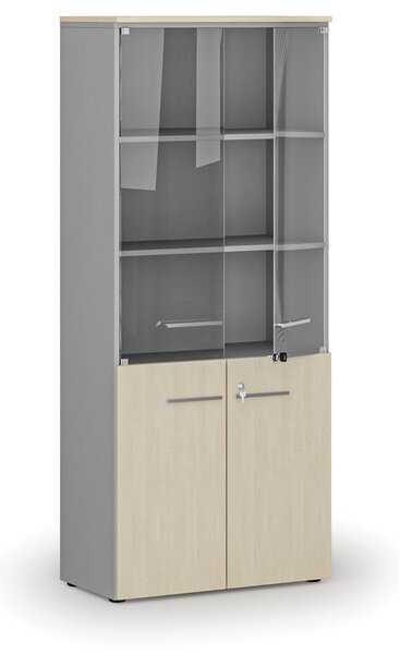 Kombinovaná kancelářská skříň PRIMO GRAY s dřevěnými a skleněnými dveřmi, 800 x 420 x 1781 mm, šedá/bříza