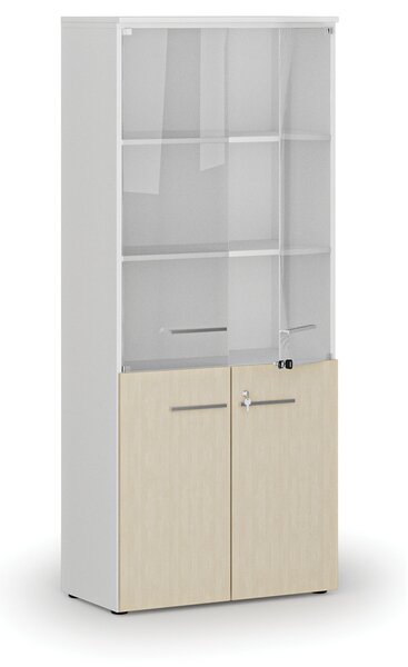 Kombinovaná kancelářská skříň PRIMO WHITE s dřevěnými a skleněnými dveřmi, 800 x 420 x 1781 mm, bílá/bříza