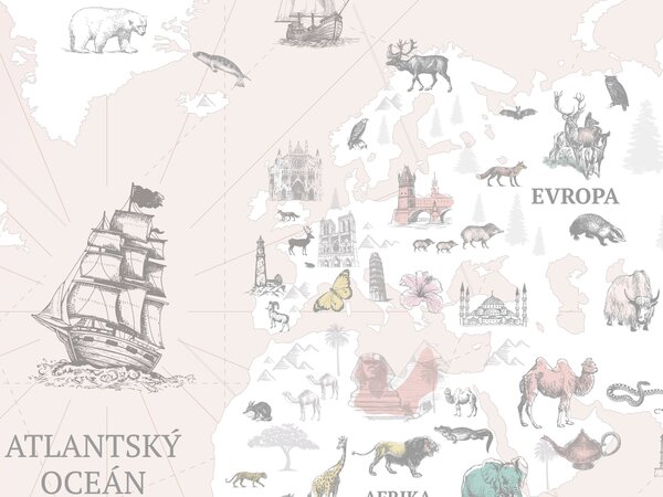 FUGU Dětská Mapa světa Dobrodružné objevy pink - tapeta na zeď Materiál: Digitální eko vlies - klasická tapeta nesamolepicí