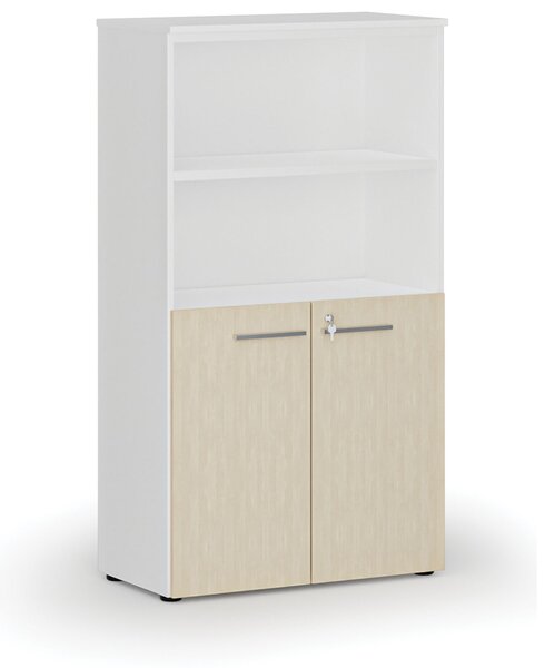 Kombinovaná kancelářská skříň PRIMO WHITE, dveře na 2 patra, 800 x 420 x 1434 mm, bílá/bříza