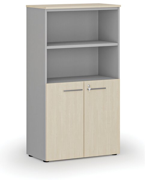 Kombinovaná kancelářská skříň PRIMO GRAY, dveře na 2 patra, 800 x 420 x 1434 mm, šedá/bříza