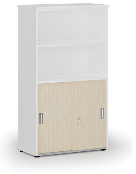 Kombinovaná kancelářská skříň PRIMO WHITE, zasouvací dveře na 2 patra, 800 x 420 x 1434 mm, bílá/bříza