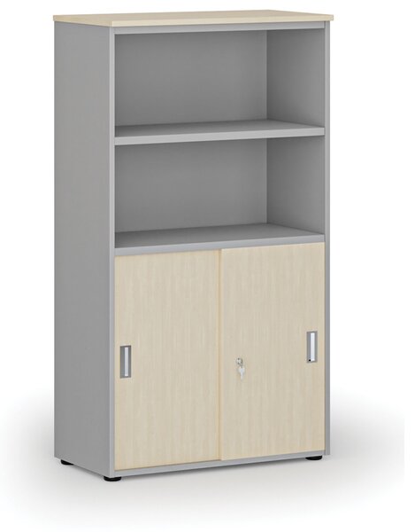 Kombinovaná kancelářská skříň PRIMO GRAY, zasouvací dveře na 2 patra, 800 x 420 x 1434 mm, šedá/bříza