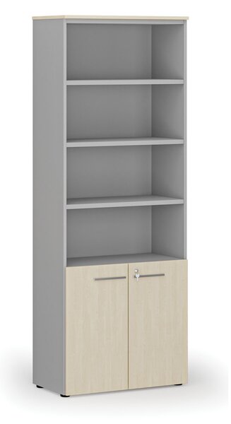 Kombinovaná kancelářská skříň PRIMO GRAY, dveře na 2 patra, 800 x 420 x 2128 mm, šedá/bříza