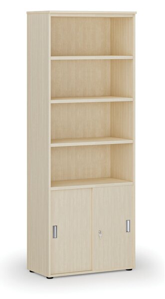 Kombinovaná kancelářská skříň PRIMO WOOD, zasouvací dveře na 2 patra, 800 x 420 x 2128 mm, bříza