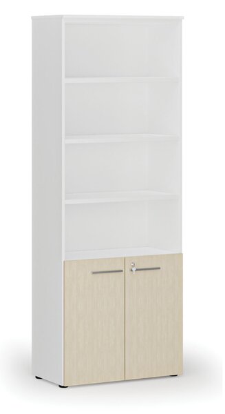 Kombinovaná kancelářská skříň PRIMO WHITE, dveře na 2 patra, 800 x 420 x 2128 mm, bílá/bříza