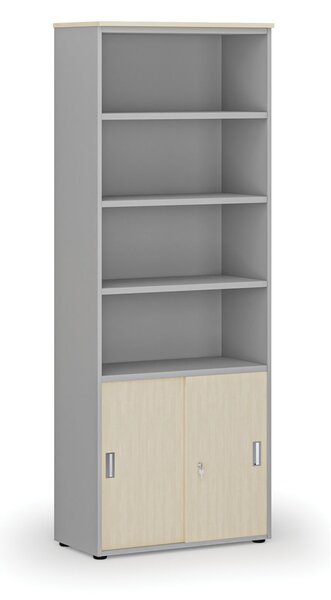 Kombinovaná kancelářská skříň PRIMO GRAY, zasouvací dveře na 2 patra, 800 x 420 x 2128 mm, šedá/bříza
