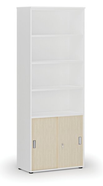 Kombinovaná kancelářská skříň PRIMO WHITE, zasouvací dveře na 2 patra, 800 x 420 x 2128 mm, bílá/bříza