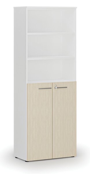 Kombinovaná kancelářská skříň PRIMO WHITE, dveře na 3 patra, 800 x 420 x 2128 mm, bílá/bříza
