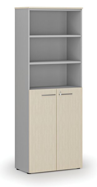 Kombinovaná kancelářská skříň PRIMO GRAY, dveře na 3 patra, 800 x 420 x 2128 mm, šedá/bříza