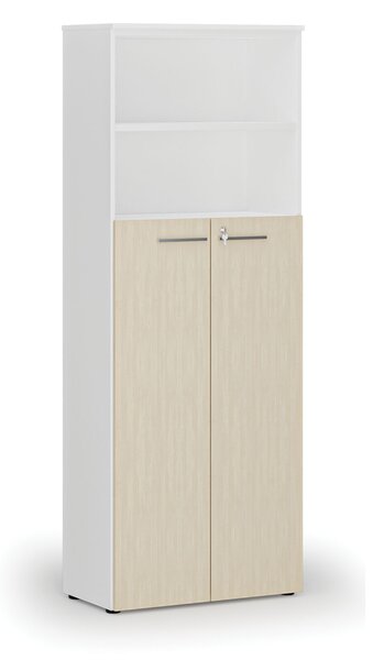 Kombinovaná kancelářská skříň PRIMO WHITE, dveře na 4 patra, 800 x 420 x 2128 mm, bílá/bříza