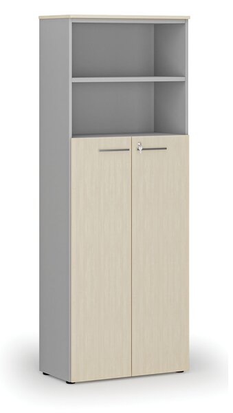 Kombinovaná kancelářská skříň PRIMO GRAY, dveře na 4 patra, 800 x 420 x 2128 mm, šedá/bříza