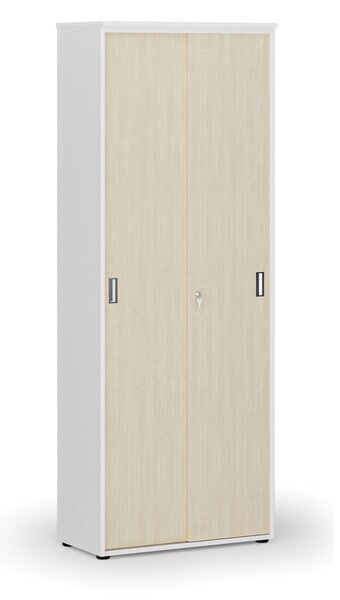 Kancelářská skříň se zasouvacími dveřmi PRIMO WHITE, 800 x 420 x 2128 mm, bílá/bříza