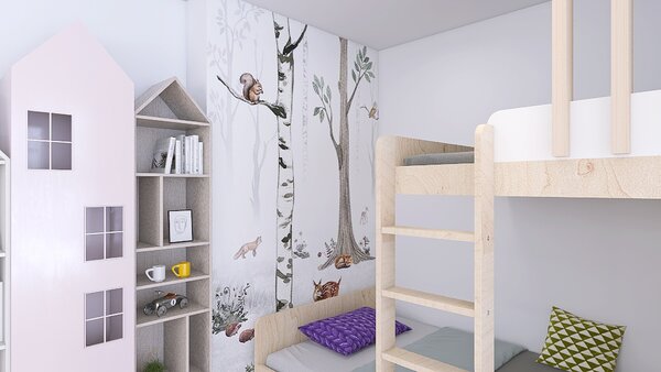 FUGU Tapeta pro děti Bílý Les se zvířátky Materiál: Digitální eko vlies - klasická tapeta nesamolepicí