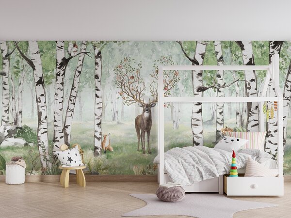 FUGU Tapeta pro děti Břízy a lesní zvířátka - Amazing Antlers Materiál: Digitální eko vlies - klasická tapeta nesamolepicí