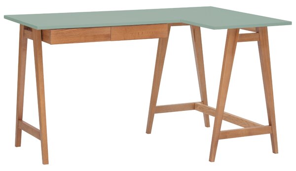 Zelený lakovaný rohový pracovní stůl RAGABA LUKA 135 x 85 cm s dubovou podnoží, pravý