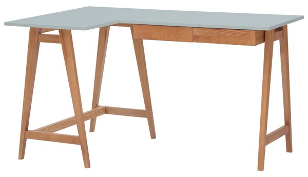 Světle šedý lakovaný rohový pracovní stůl RAGABA LUKA 135 x 85 cm s dubovou podnoží, levý