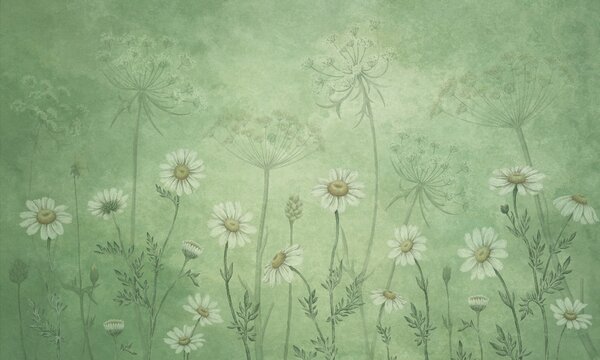 FUGU Tapeta sedmikrásky - Dazzling Daisies Green Materiál: Digitální eko vlies - klasická tapeta nesamolepicí