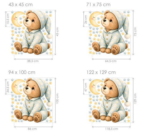 Medvídek v pyžamu a měsíc samolepky na zeď pro miminka arch 43 x 45 cm