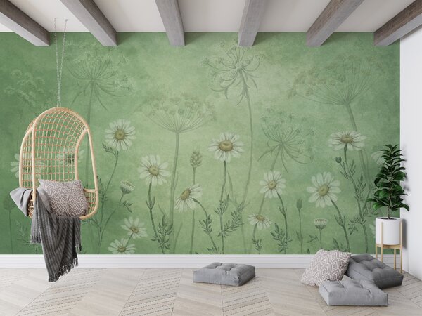 FUGU Tapeta sedmikrásky - Dazzling Daisies Green Materiál: Digitální eko vlies - klasická tapeta nesamolepicí
