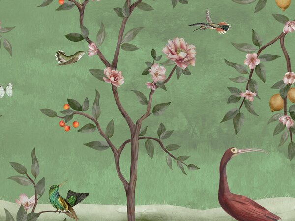 FUGU Tapeta stromy citrusu - Lemon Tree Chinoiserie green Materiál: Digitální eko vlies - klasická tapeta nesamolepicí