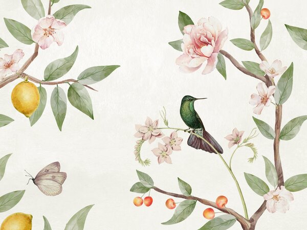 FUGU Tapeta stromy citrónovníku - Lemon Tree Chinoiserie white Materiál: Digitální eko vlies - klasická tapeta nesamolepicí