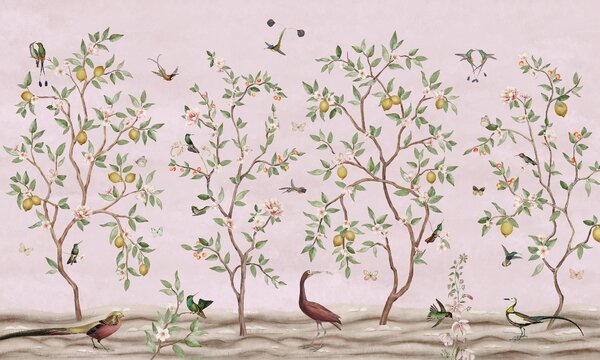 FUGU Tapeta stromy citrónovníku - Lemon Tree Chinoiserie pink Materiál: Digitální eko vlies - klasická tapeta nesamolepicí