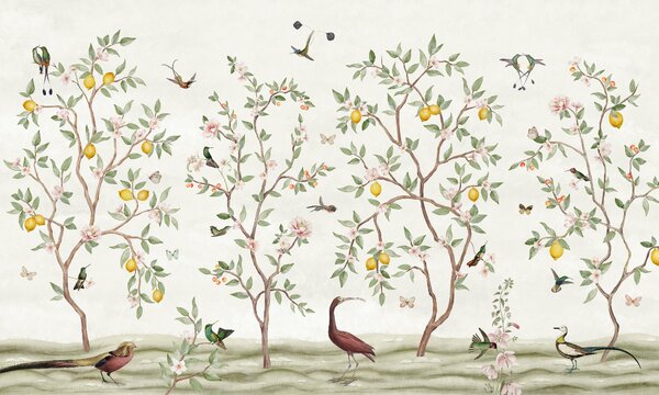 FUGU Tapeta stromy citrónovníku - Lemon Tree Chinoiserie white Materiál: Digitální eko vlies - klasická tapeta nesamolepicí