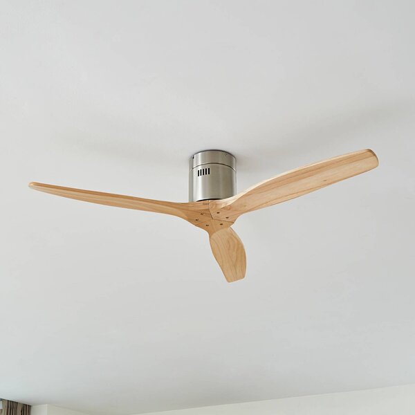 Lucande Stropní ventilátor Vindur, nikl, DC, tichý, Světlé dřevo, Obývací pokoj / jídelna, Dřevo, Moderní