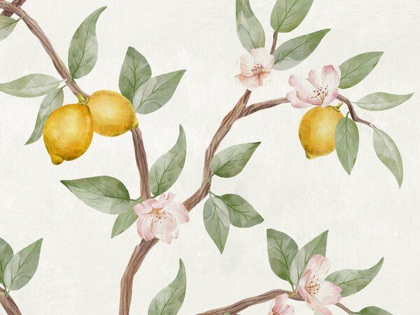 FUGU Tapeta stromy citrónovníku - Lemon Tree Chinoiserie white Materiál: Digitální eko vlies - klasická tapeta nesamolepicí