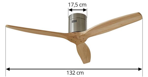 Lucande Stropní ventilátor Vindur, nikl, DC, tichý, Světlé dřevo, Obývací pokoj / jídelna, Dřevo, Moderní