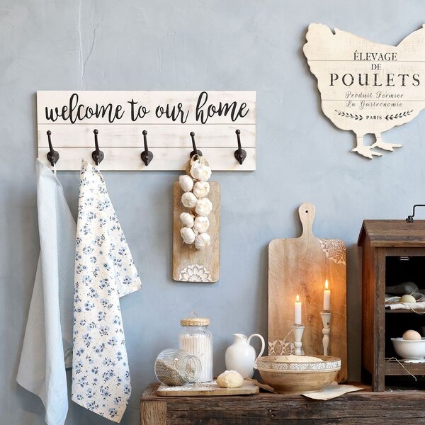 Krémový antik nástěnný věšák s háčky Welcome - 70*8*25 cm - Chic Antique