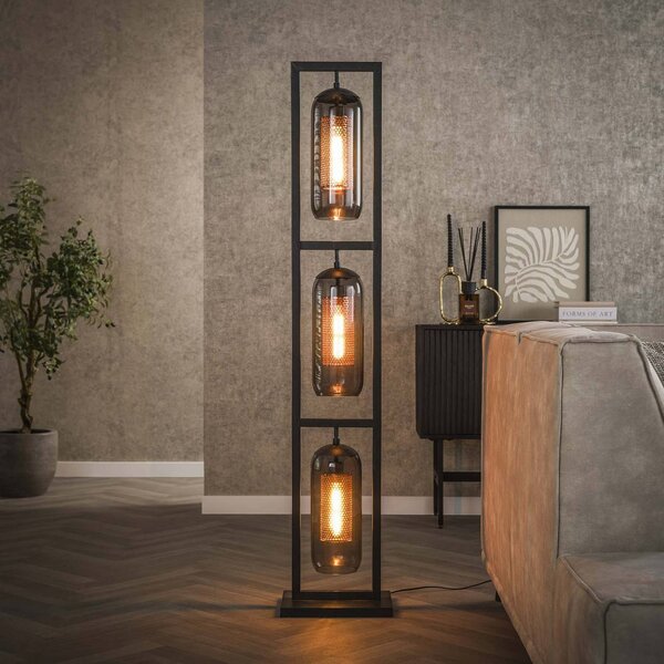 ZIJLSTRA Stojací lampa Kamilian, 3 světla, kouřově šedá, černá, sklo, kov, Hliník / šedá / zinek, Obývací pokoj / jídelna, Sklo, Moderní
