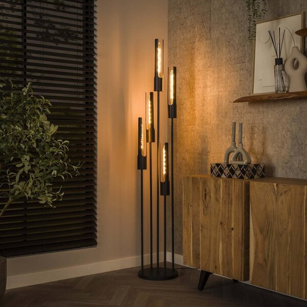 ZIJLSTRA Stojací lampa Tube, 5 světel, černá, kovová, Černá, Obývací pokoj / jídelna, kov, Moderní