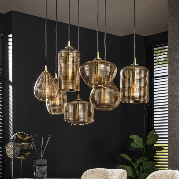 ZIJLSTRA Závěsné svítidlo Stripeglass mix, 7 světel, sklo, jantarová barva, antracitová, stmívatelný, Krémová / jantar, Obývací pokoj / jídelna, Sklo