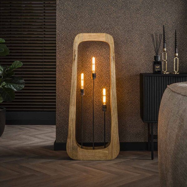 ZIJLSTRA Stojací lampa v dřevěném rámu, 3 světla, mangové dřevo, přírodní barva, Světlé dřevo, Obývací pokoj / jídelna, Dřevo, Moderní