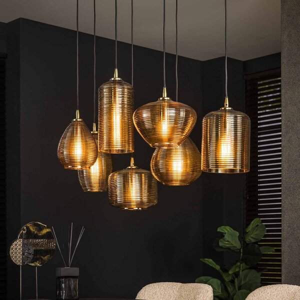 ZIJLSTRA Závěsné svítidlo Stripeglass mix, 7 světel, sklo, jantarová barva, antracitová, stmívatelný, Krémová / jantar, Obývací pokoj / jídelna, Sklo