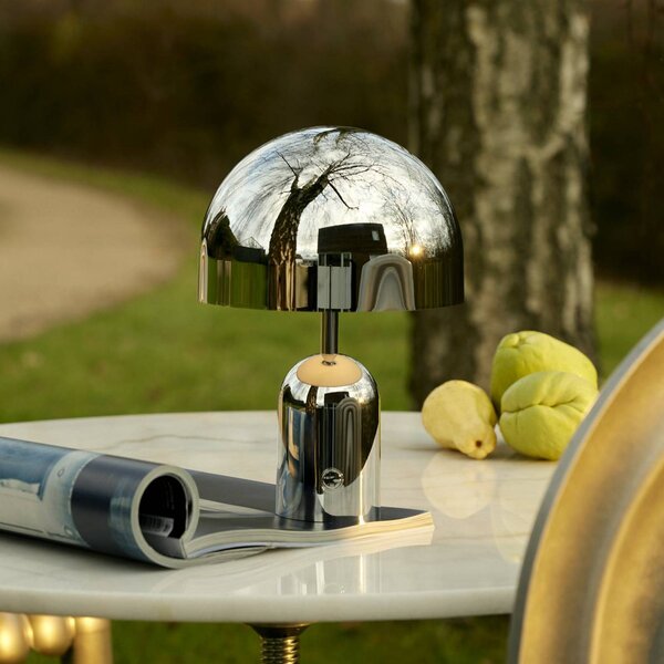 Tom Dixon Akumulátorová stolní lampa BELL PORTABLE, stříbrná, 28 cm IP44, stmívatelný, Chrom / stříbro, Obývací pokoj / jídelna, Plast, Design