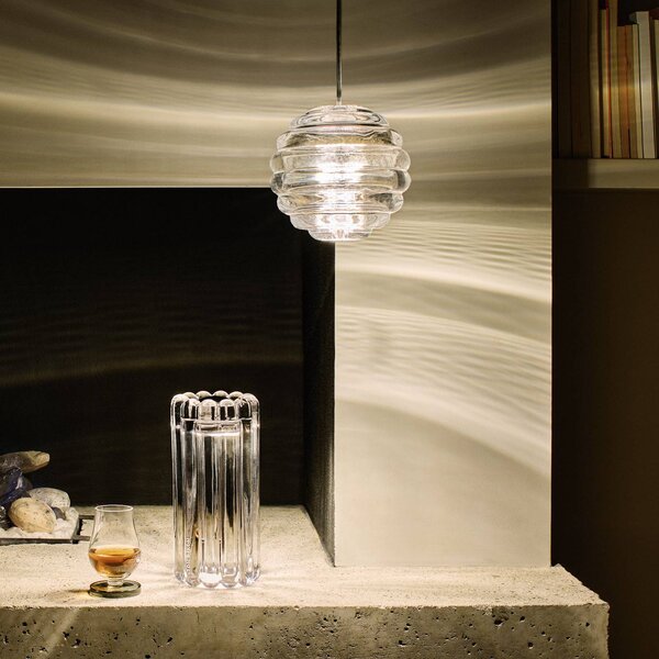 Tom Dixon LED závěsné světlo Press Sphere, čiré, Ø 14 cm, 927, stmívatelný, Čirá / transparetní, Obývací pokoj / jídelna, Sklo, Design