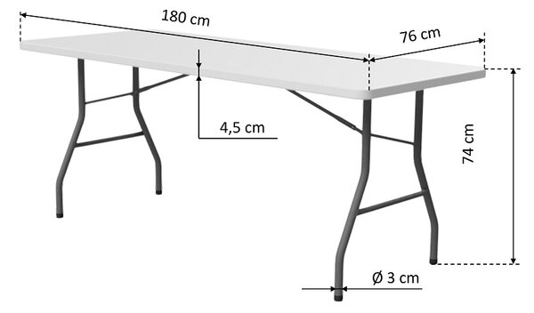 TENTino Skládací stůl 180x76 cm CELÝ, bílý